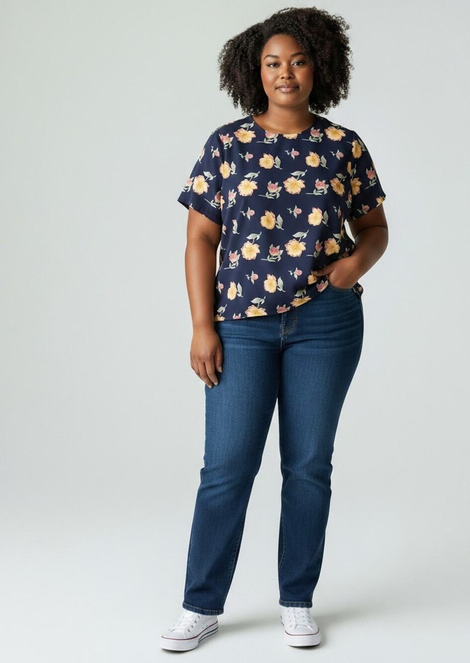 Vintage Worthington Woman Navy Floral Tunic Top Size 20W Plus Made USA